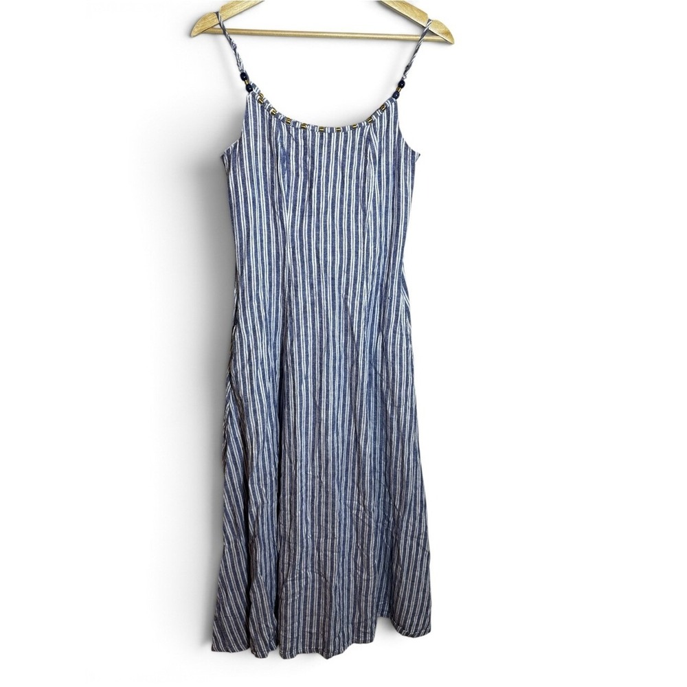 Calypso St. Barth Dress Women S Blue White Stripe Linen Maxi Beaded Boho
